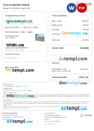 Thailand Airbnb booking confirmation Word and PDF template