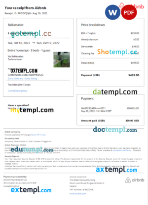 Turkmenistan Airbnb booking confirmation Word and PDF template