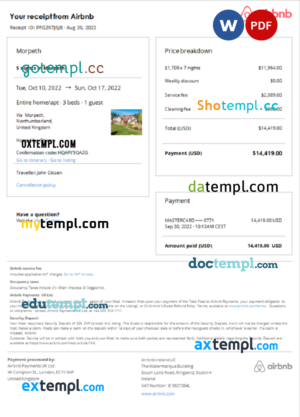 United Kingdom Airbnb booking confirmation Word and PDF template