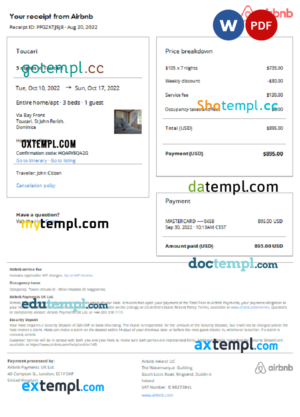 Dominica Airbnb booking confirmation Word and PDF template