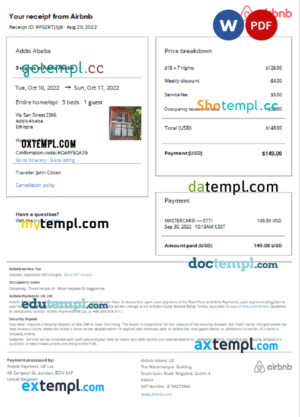 Ethiopia Airbnb booking confirmation Word and PDF template