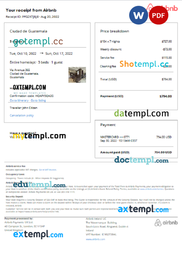 Guatemala Airbnb booking confirmation Word and PDF template