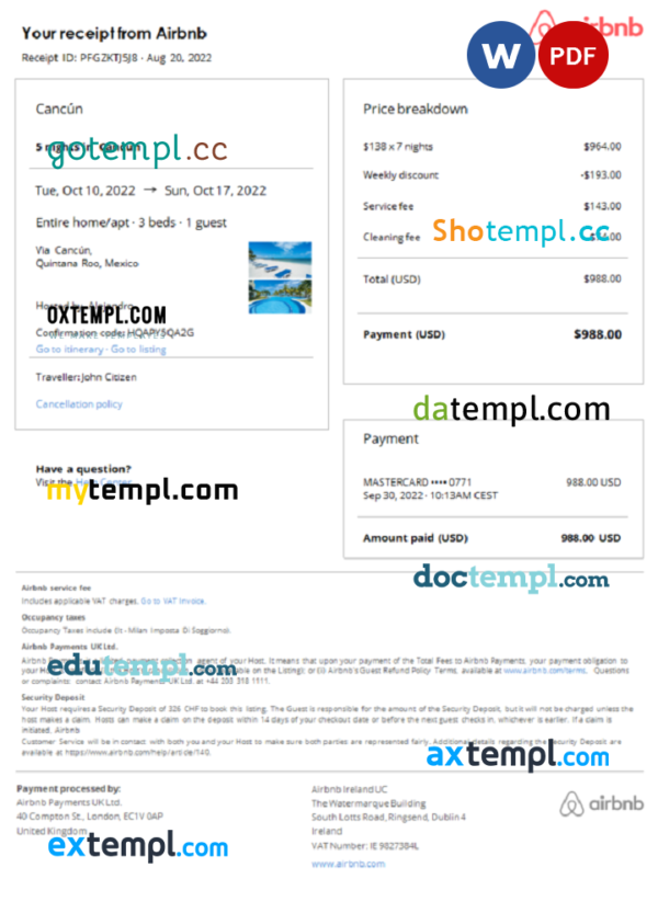 Mexico Airbnb booking confirmation Word and PDF template