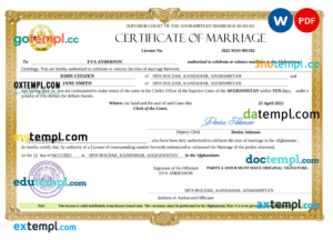 Afghanistan marriage certificate Word and PDF template, completely editable