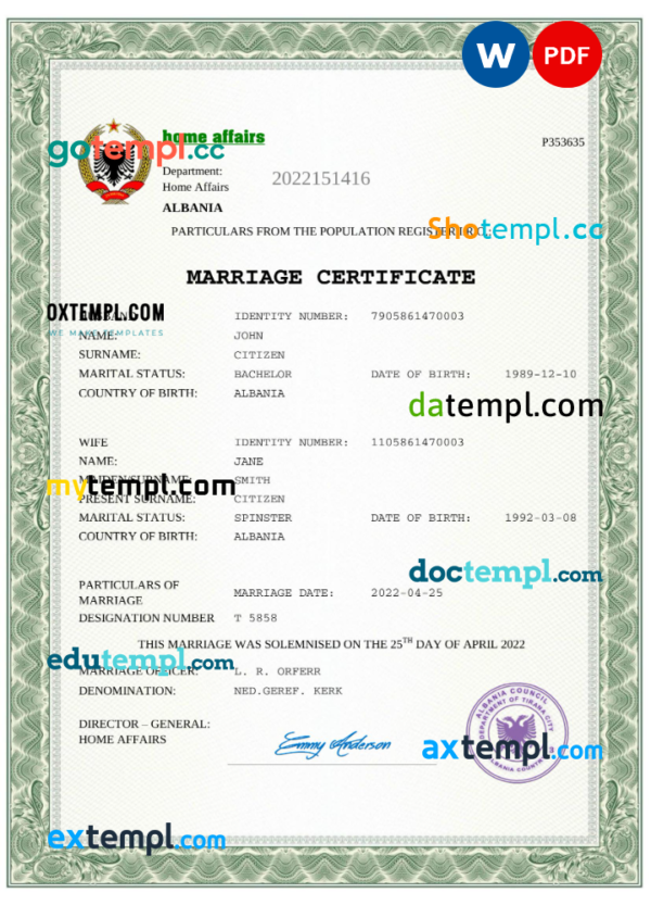 Albania marriage certificate Word and PDF template, fully editable
