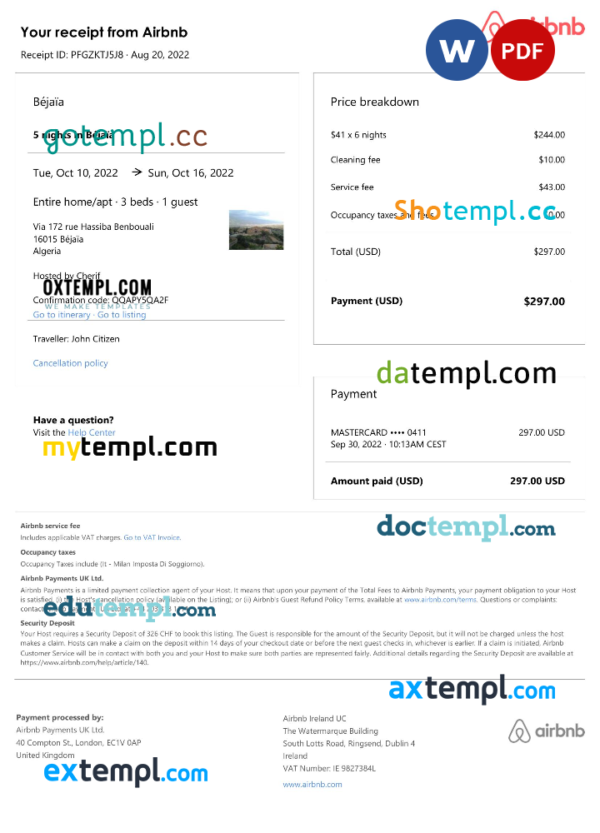Algeria Airbnb booking confirmation Word and PDF template
