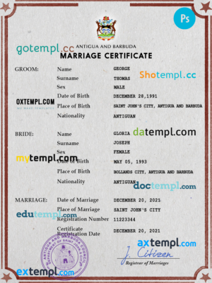 Antigua and Barbuda marriage certificate PSD template, completely editable