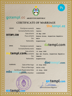Argentina marriage certificate PSD template, fully editable