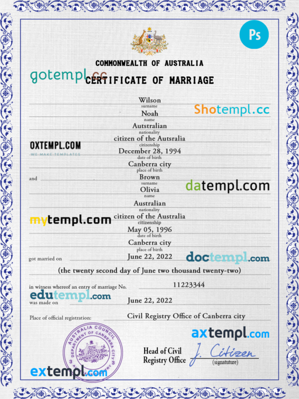 Australia marriage certificate PSD template, completely editable