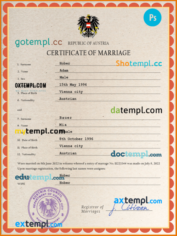Austria marriage certificate PSD template, fully editable