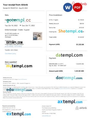 Azerbaijan Airbnb booking confirmation Word and PDF template