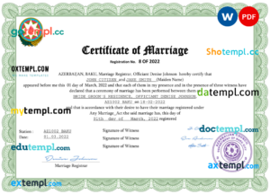 Azerbaijan marriage certificate Word and PDF template, fully editable