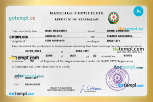 Azerbaijan marriage certificate PSD template, completely editable