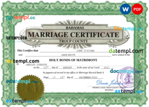 Bahamas marriage certificate Word and PDF template, completely editable