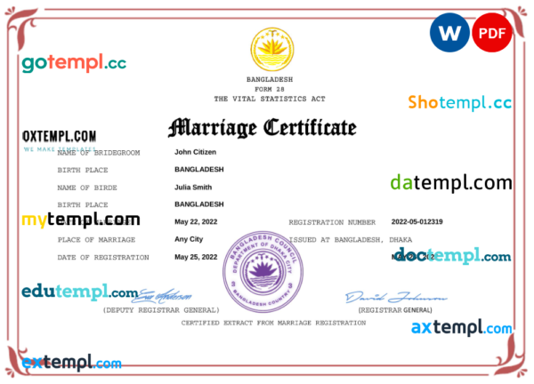 Bangladesh marriage certificate Word and PDF template, fully editable
