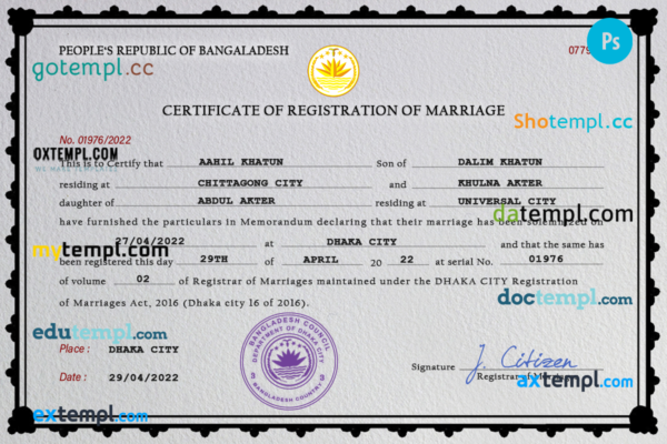 Bangladesh marriage certificate PSD template, fully editable
