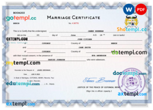 Benin marriage certificate Word and PDF template, completely editable