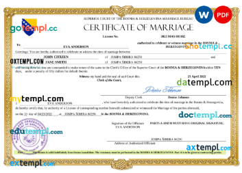 Bosnia & Herzegovina marriage certificate Word and PDF template, fully editable