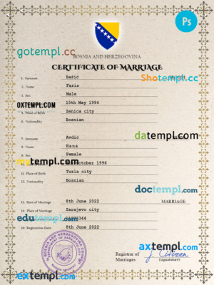 Bosnia and Herzegovina marriage certificate PSD template, completely editable