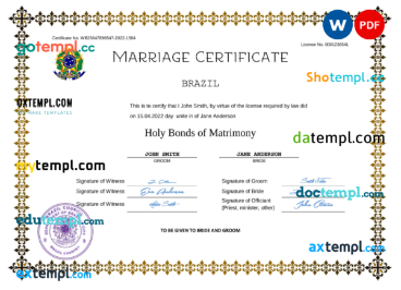 Brazil marriage certificate Word and PDF template, fully editable