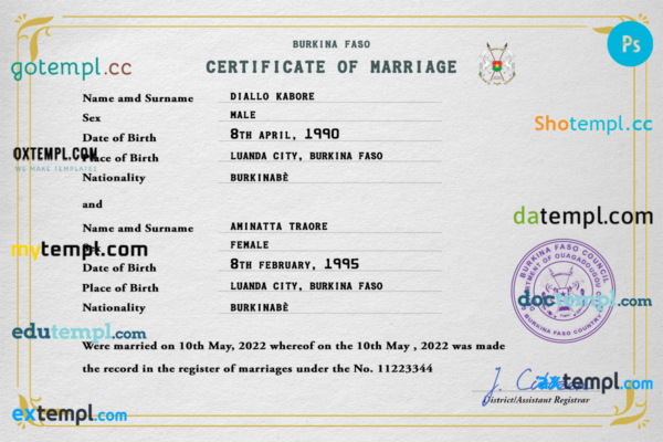 Burkina Faso marriage certificate PSD template, fully editable