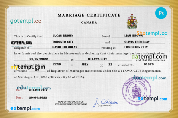 Canada marriage certificate PSD template, fully editable