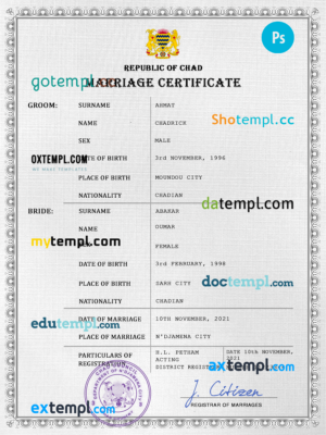 Chad marriage certificate PSD template, fully editable