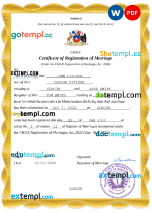 Chile marriage certificate Word and PDF template, fully editable