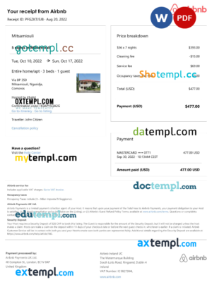 Comoros Airbnb booking confirmation Word and PDF template