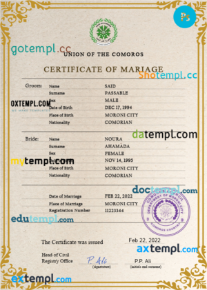 Comoros marriage certificate PSD template, completely editable