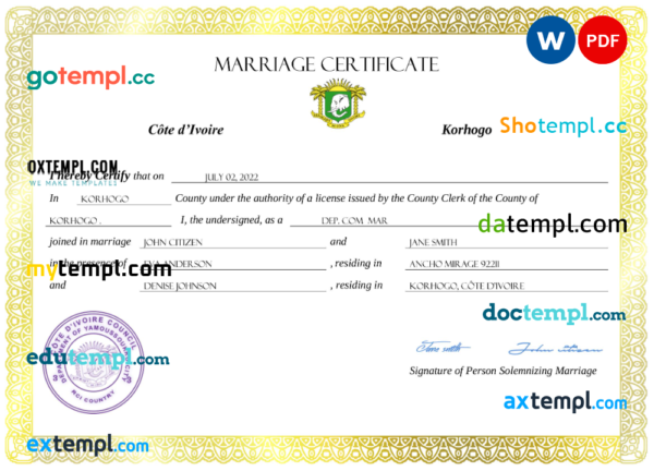 Cote d'Ivoire marriage certificate Word and PDF template, fully editable