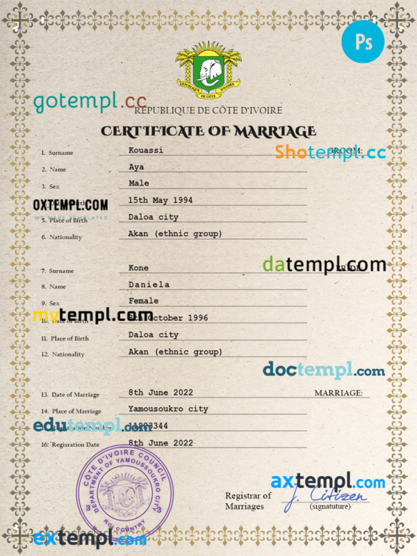 Côte d'Ivoire marriage certificate PSD template, completely editable