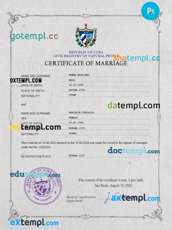 Cuba marriage certificate PSD template, completely editable