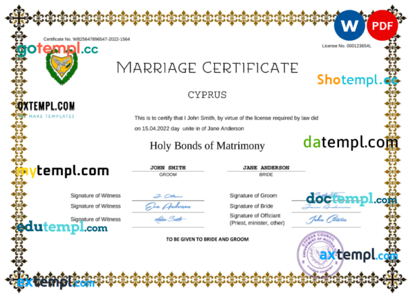 Cyprus marriage certificate Word and PDF template, completely editable