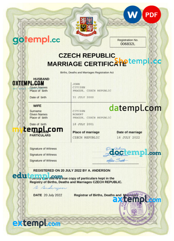 Czech Republic marriage certificate Word and PDF template, fully editable