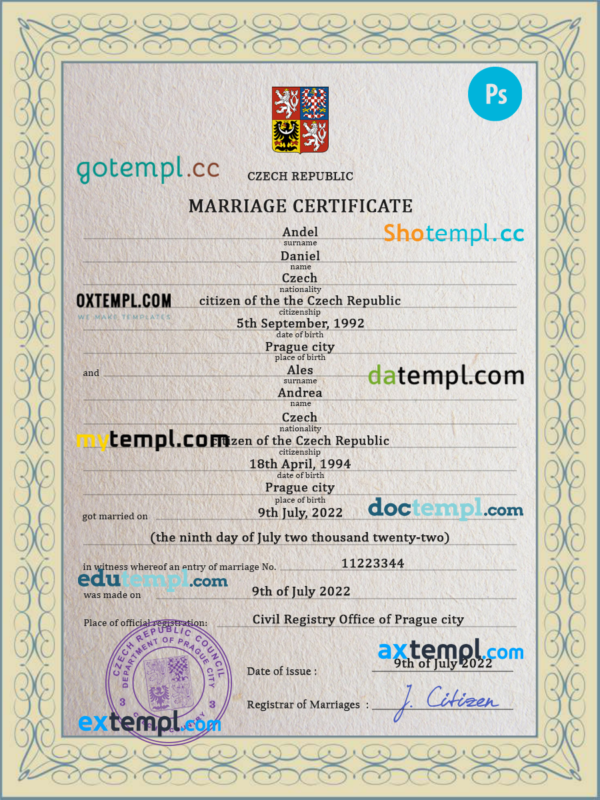 Czechia marriage certificate PSD template, fully editable