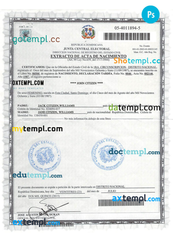 DOMINICAN REPUBLIC vital record birth certificate PSD template