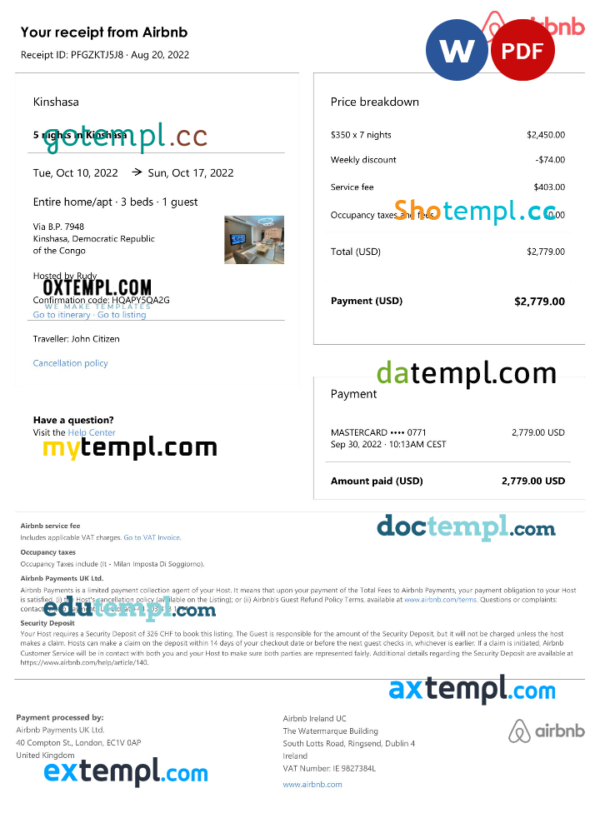 Democratic Republic of the Congo Airbnb booking confirmation Word and PDF template