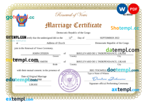 Democratic Republic of the Congo marriage certificate Word and PDF template, fully editable
