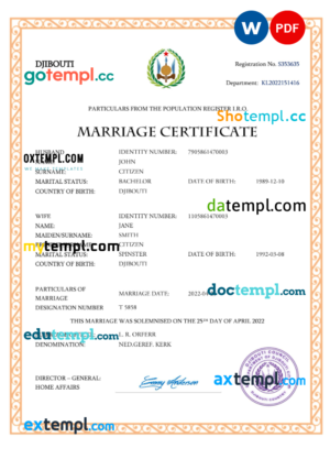 Djibouti marriage certificate Word and PDF template, fully editable