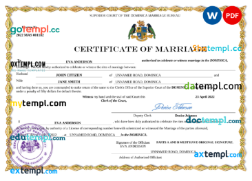 Dominica marriage certificate Word and PDF template, completely editable