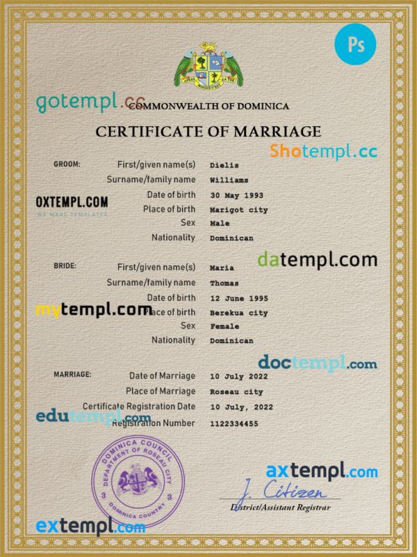 Dominica marriage certificate PSD template, completely editable