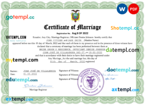 Ecuador marriage certificate Word and PDF template, completely editable
