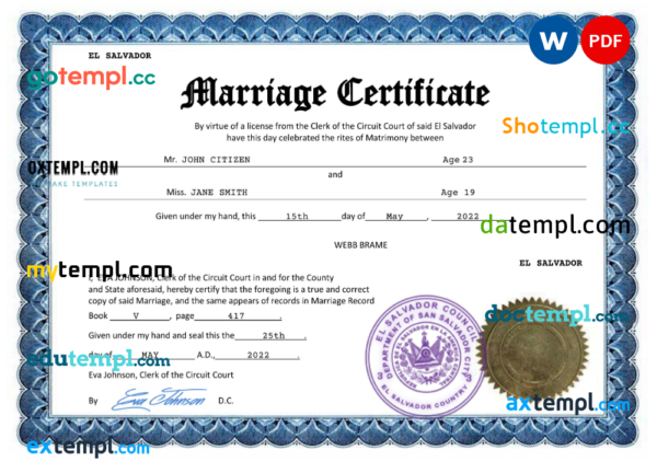 El Salvador marriage certificate Word and PDF template, fully editable