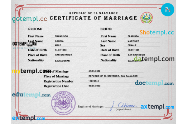 El Salvador marriage certificate PSD template, completely editable