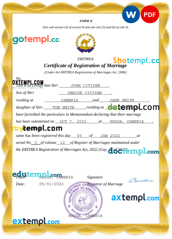 Eritrea marriage certificate Word and PDF template, completely editable