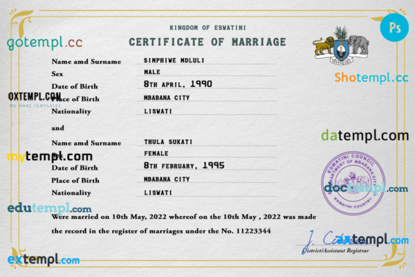 Eswatini marriage certificate PSD template, completely editable