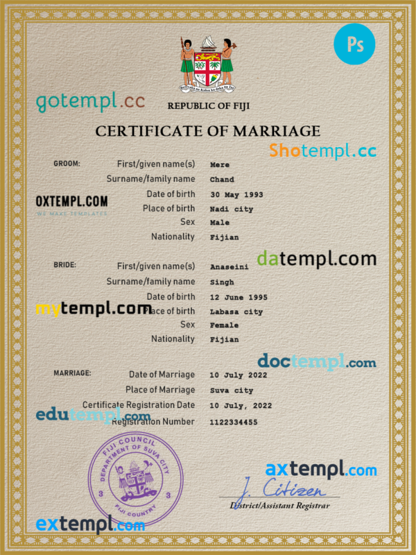 Fiji marriage certificate PSD template, completely editable