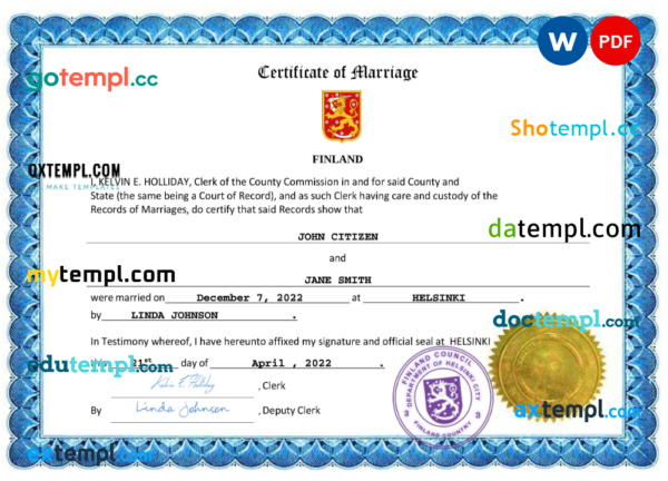 Finland marriage certificate Word and PDF template, fully editable