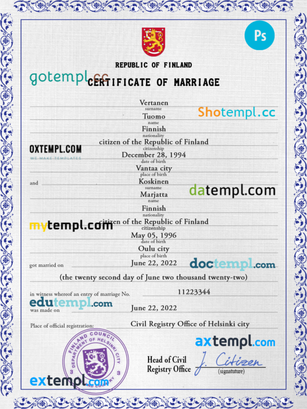 Finland marriage certificate PSD template, fully editable